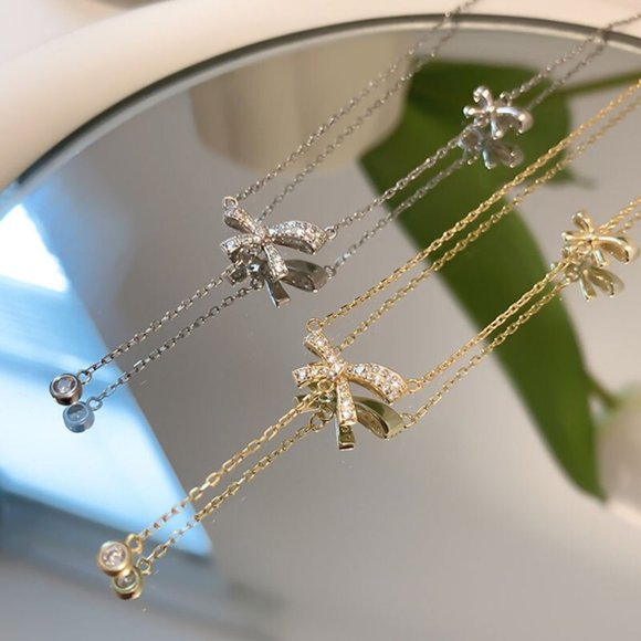 NEW Silver Gold Copper Zircon Bow Knot Tassel Necklace - Picture 4 of 9